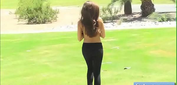  Sexy and naughty brunette teen girl amateur Nina reveal her pussy in the middle of the road